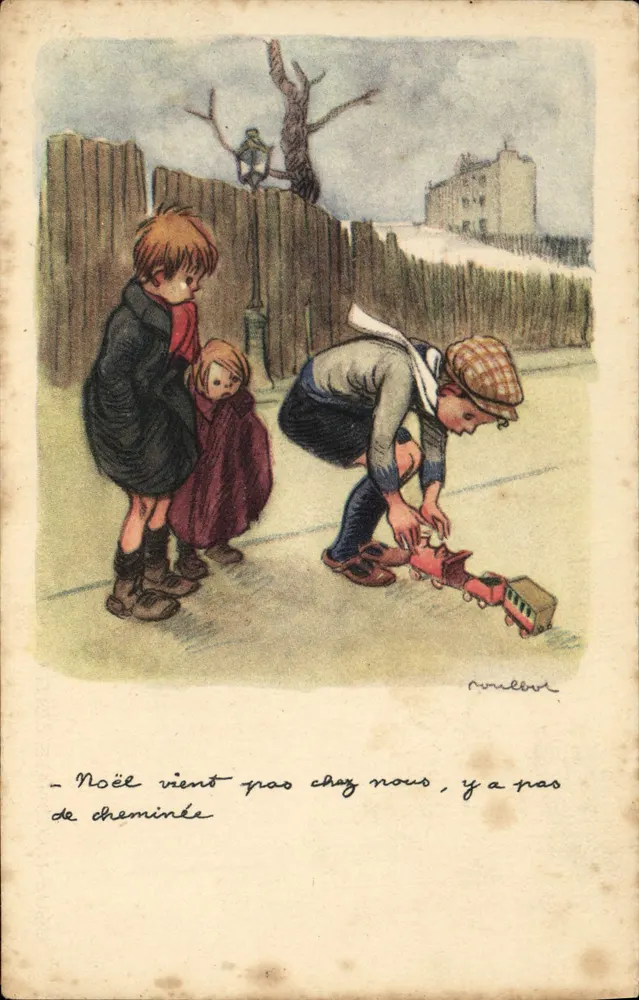 Kinder spielen mit einem Zug — Illustration von Rivel — Nationale Liga gegen Slums - Vorderseite