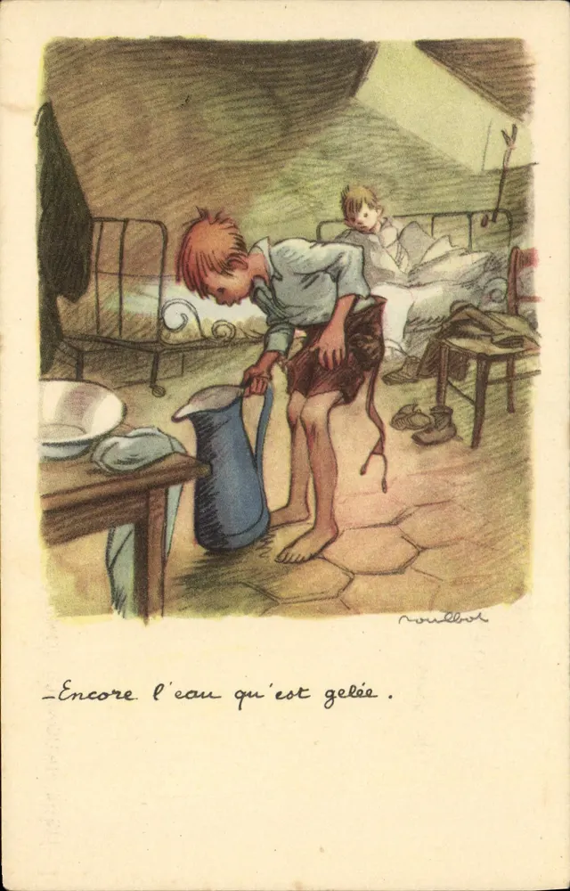 Kind, das eisiges Wasser gießt — Illustration von Roussel — Nationale Liga gegen Slums - Vorderseite
