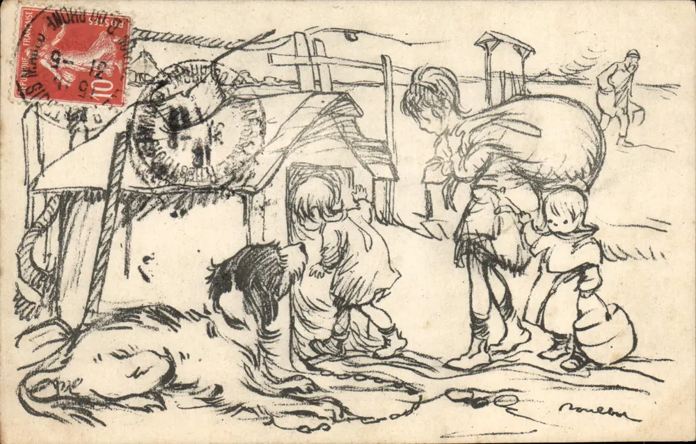 Familie und Hund vor einer Hütte — Zeichnung von Roulet — Tag des nationalen Rettungsdienstes Frankreichs - Vorderseite