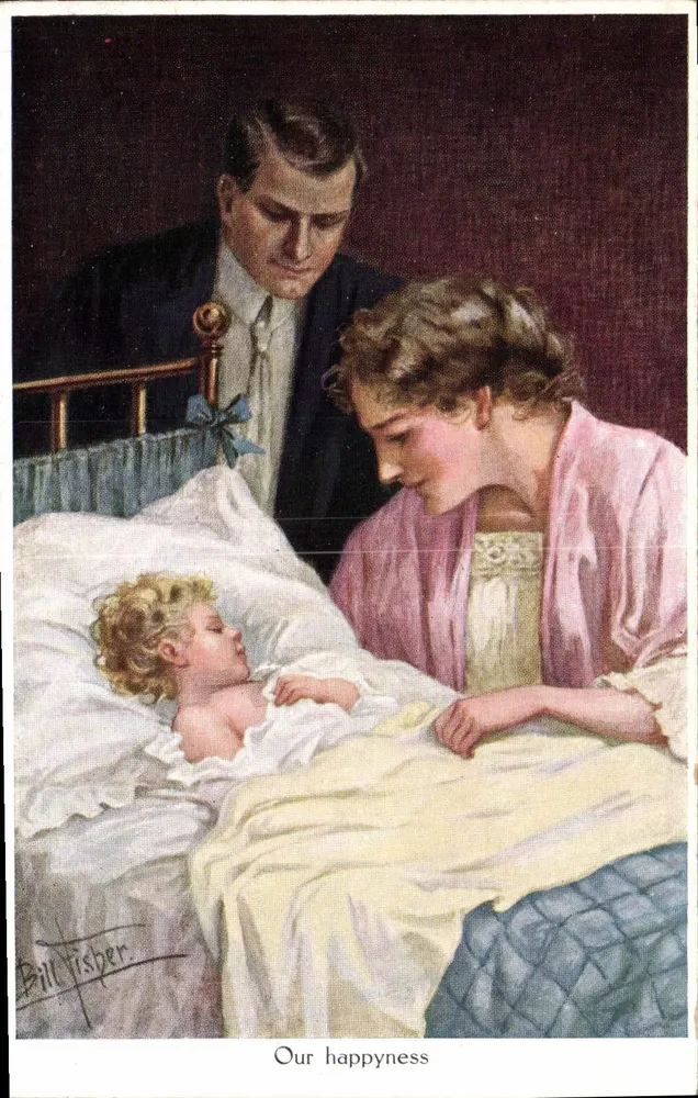 Glückliche Familie mit Baby — Illustration von Bill Fisher — Verlag Juan Neury, Genf - Vorderseite