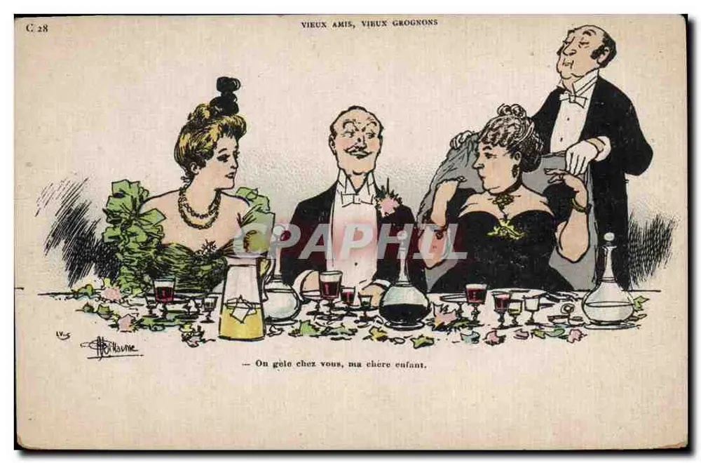 Alte Freunde, alte Grummler — Karikatur von drei Personen am Tisch — Verlag C. 28, Zeichnung von Moiroune - Vorderseite