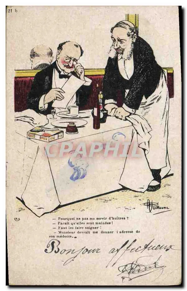 Zwei Männer am Tisch — humoristische Karikatur — Verlag Guillaume, n° 21 h - Vorderseite