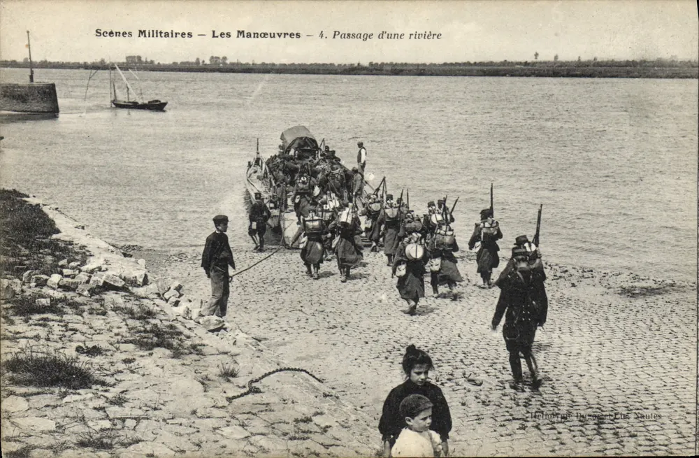 Militärszenen — Die Manöver — 4. Übersetzen eines Flusses — Verlag: Héliographie du quartier des Nantes - Vorderseite