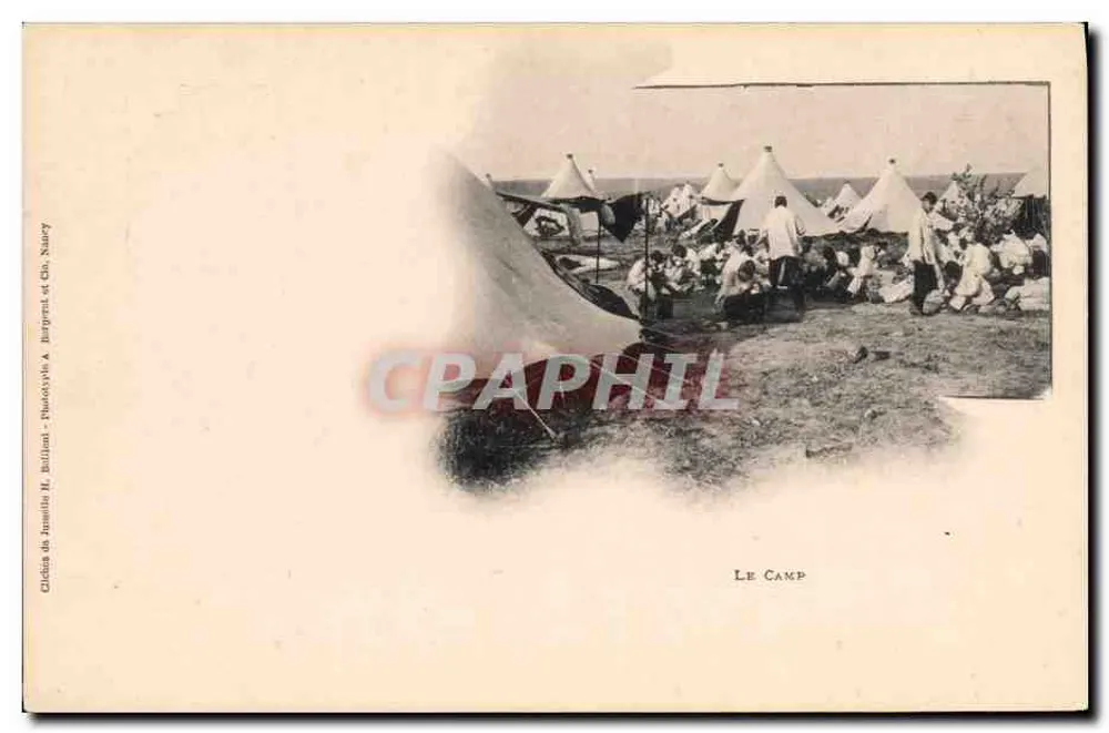 O Campo — Acampamento com tendas e pessoas — Clichés de Jumelle H. Billiant, Fototipia A. Burgeant e Cie, Nancy - Frente