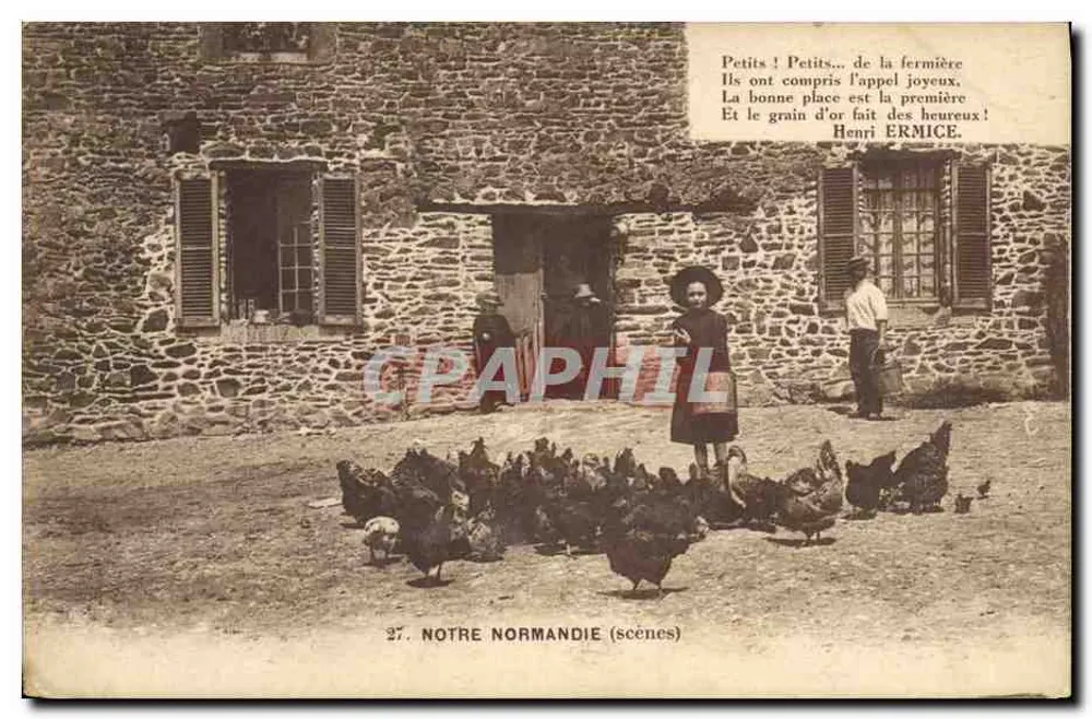 Notre Normandie (scènes) — enfants et poules devant une ferme en pierre — H. Ermice, n°27 - Frente