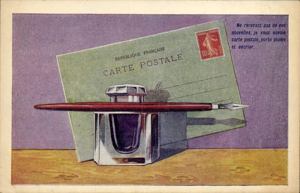 Stift und Tintenfass — französische Ansichtskarte mit 10 Cent-Stempel — Verlag M. Bertola-Lyon - Vorderseite