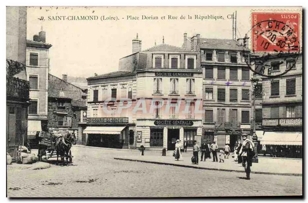 Saint-Chamond (Loire) — Place Dorian und Rue de la République mit der Société Générale — Verlag CL. (gedruckt auf der Karte) - Vorderseite