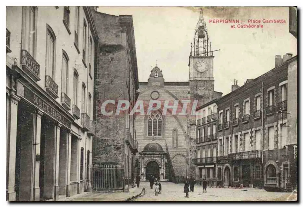 Perpignan — Place Gambetta und Kathedrale — Verlag auf der Karte gedruckt - Vorderseite