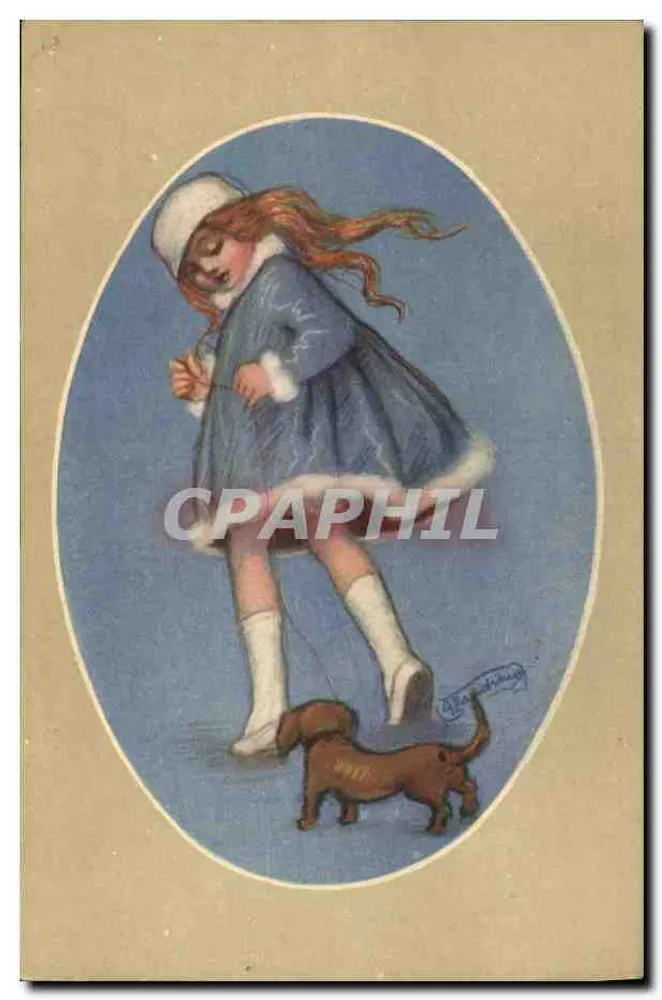 Mädchen mit einem Hund — ovale Illustration — Verleger 'Produzione Italiana' (Rückseite) - Vorderseite