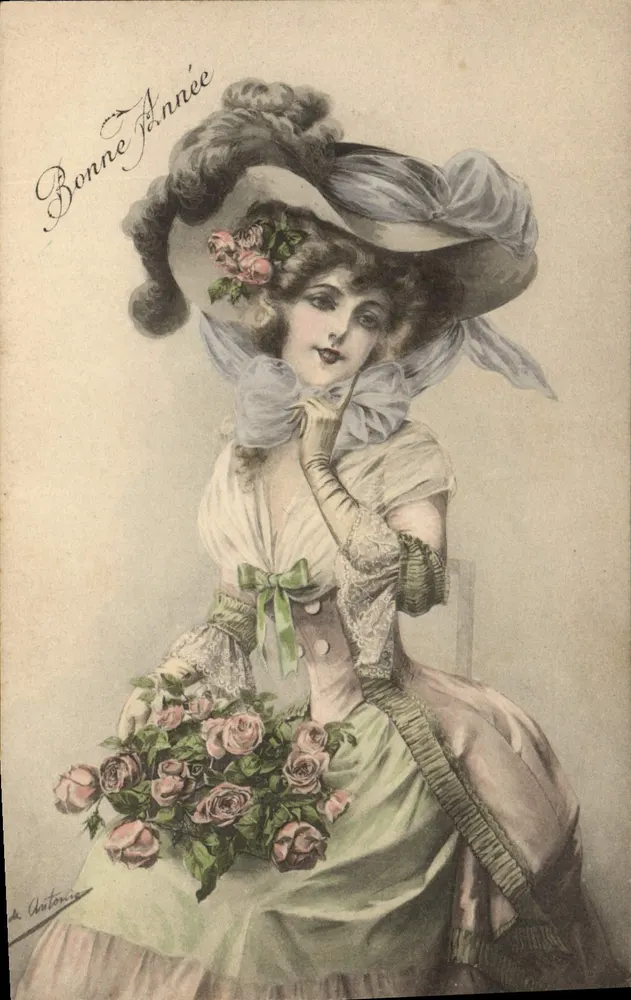 Frau mit Blumenhut — Frohes Neues Jahr — von Antoniès, Serie III - Vorderseite