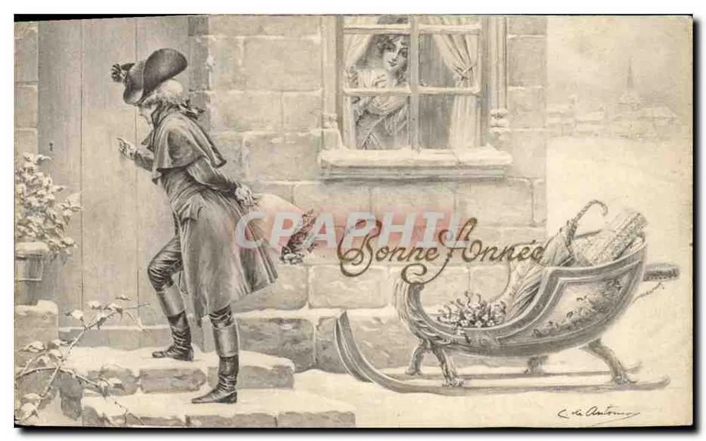 Mann in historischem Anzug neben einem Fenster — Winterlandschaft mit Schlitten — C. de Antonio, N° 4 - Vorderseite