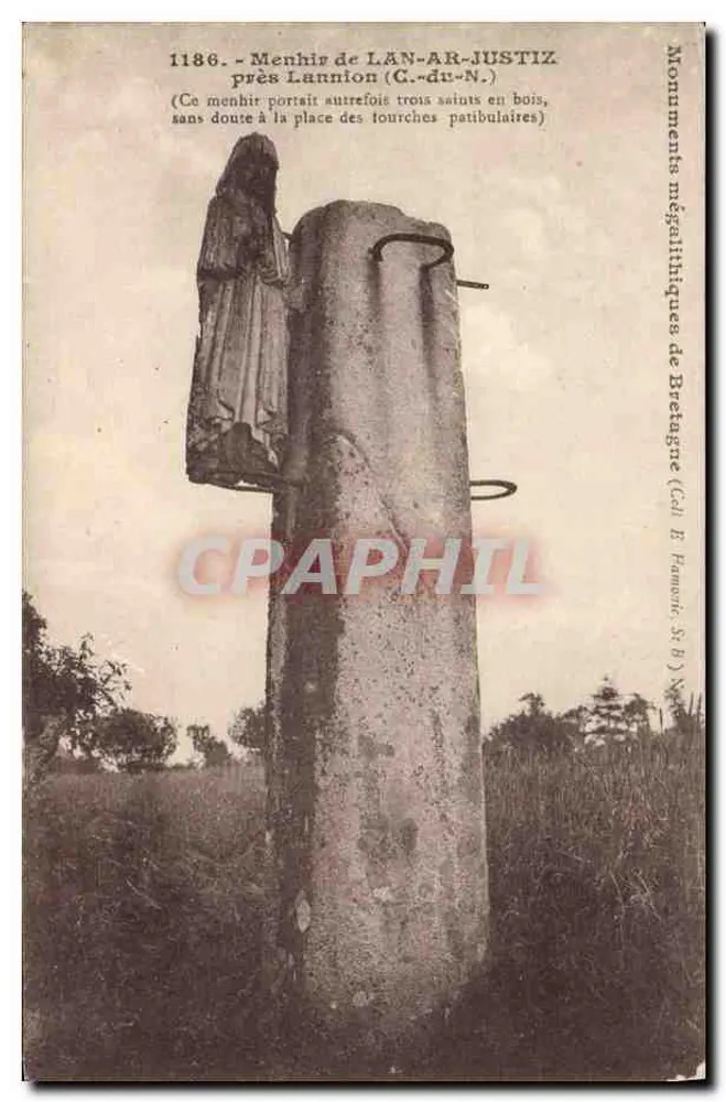 Menhir de LÄN-AR-JUSTIZ — in der Nähe von Lannion (C.-du-N.) — Megalithische Denkmäler der Bretagne (Verlag E. Ramonc, St-B.) - Vorderseite