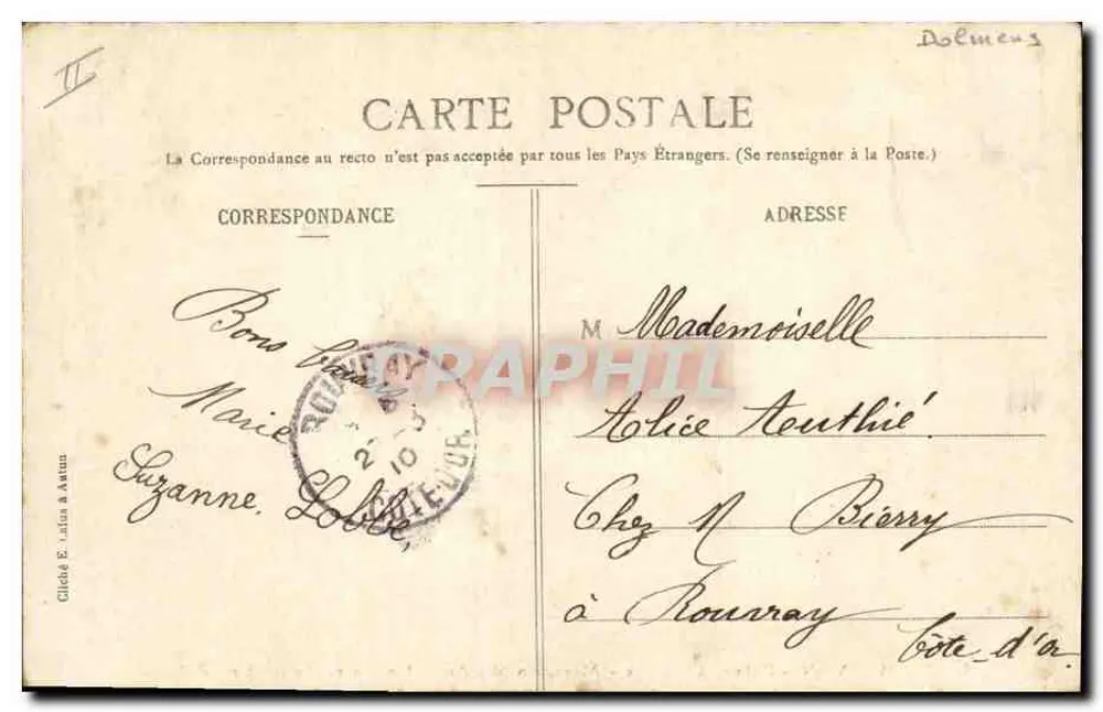 Im Morvan - Dolmen Chevresse - Druidenmonument (Länge 9 m 50 auf 5 m breit) - Gicleé E. Lata & Amiens - Rückseite