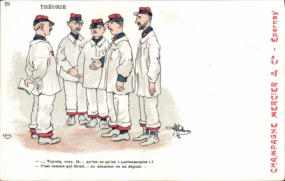 Teoria — caricatura de soldados em uniforme branco discutindo política — editor Champagne & Cie, n°29 - Frente