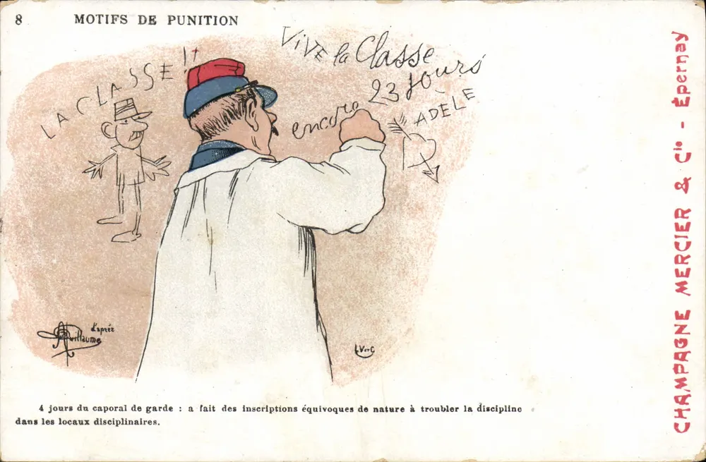 Motivos de Punição — Caricatura de um caporal de guarda — Editor Champagne & Cie, Épernay - Frente