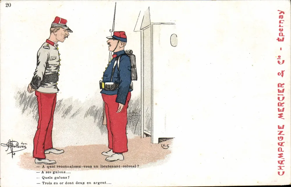 Dois soldados em uniforme — caricatura militar — Champagne & Mercier, Épernay - Frente