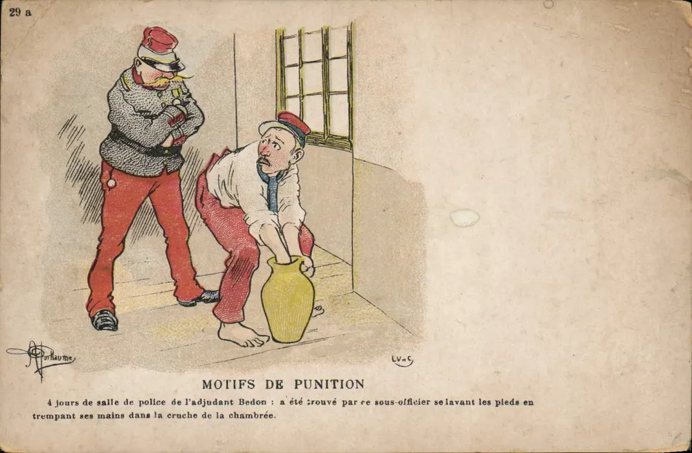 Motifs de punition — caricature d'un adjudant Bedon lavant ses pieds dans une cruche — éditeur C. Beriot, Lille - Recto