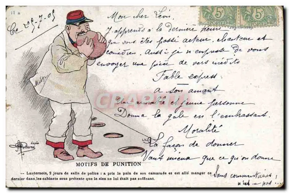Motivos de punição — caricatura de um soldado comendo pão — editor P. Pontume, n° 11a - Frente