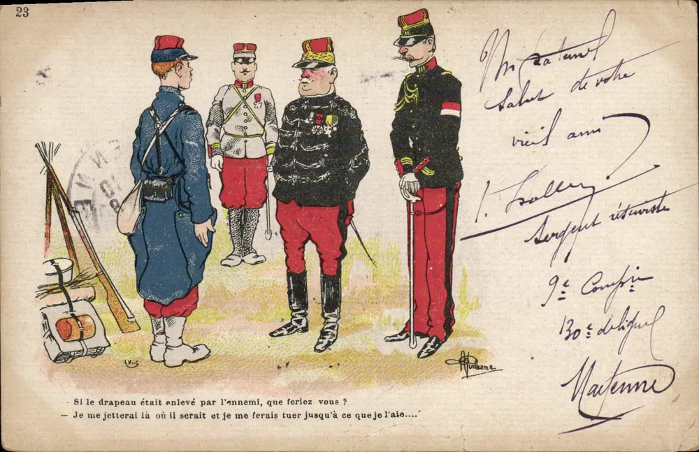 Soldados franceses em uniforme — caricatura — editor A. Villame, n°23 - Frente