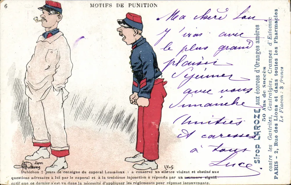 Motivi di punizione — caricatura militare — Sirop Polybromuré de Laroze, Parigi - Recto