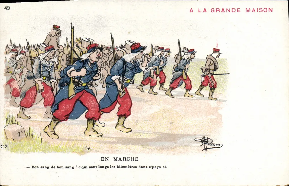 Soldats en marche — A LA GRANDE MAISON — V. Guillaume, n°49 - Frente