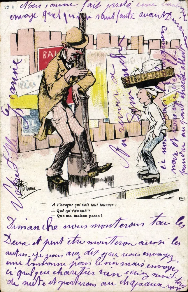 Um bêbado que vê tudo girar — desenho de V. Guillaume — editor Chocolat Matte Fils Montpellier - Frente