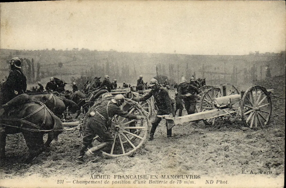 Französische Armee bei Manövern — Positionswechsel einer 75 m/m-Batterie — E.A., Paris, Nr. 231 - Vorderseite