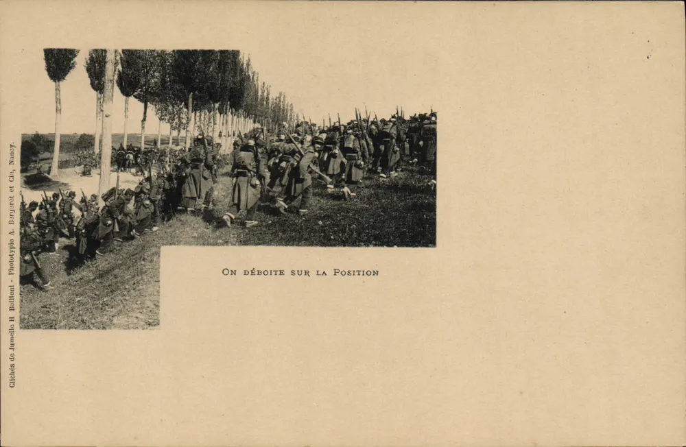 Soldados em desembarque na posição — Glichés de Jumelle II. Bellon, A. Bergyard e Cia. Nasey - Frente