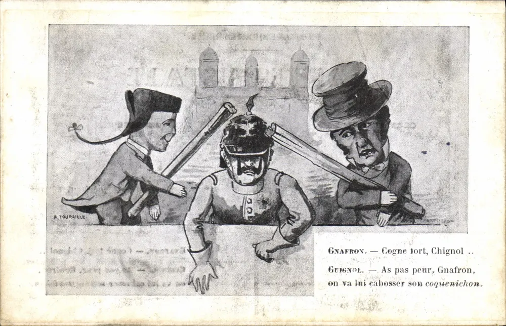 Gnafron e Guignol — caricatura satírica — A. Tourville - Frente