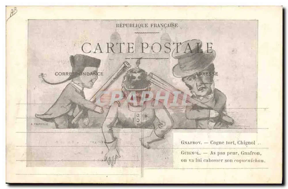 Gnafron e Guignol — caricatura satírica — A. Tourville - Verso