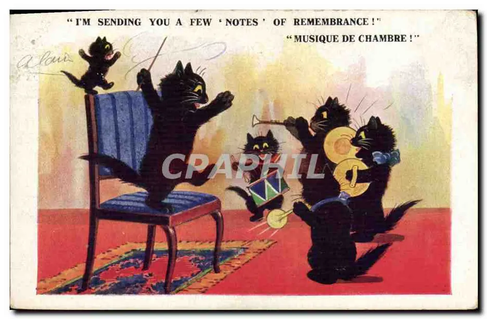 Quarteto de gatos tocando música — A. Louris — Série 'Comique' — Inter-Art Co. Florence House, Barnes, London - Frente