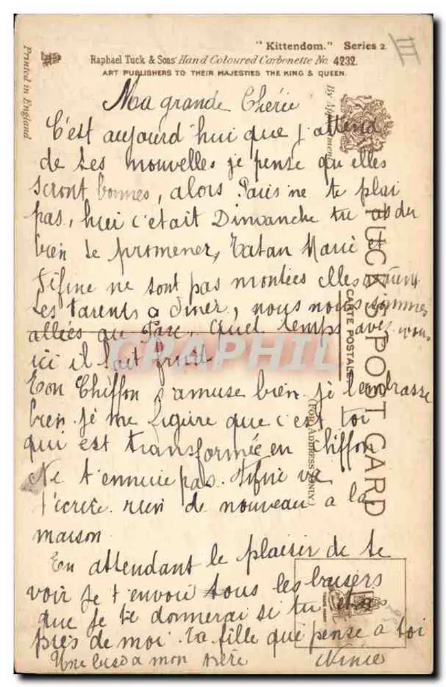 Dois filhotes em vasos — editor Raphael Tuck & Sons, série 2, n° 4232 - Verso