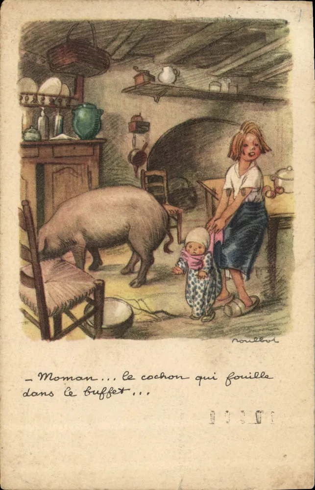 Familie in einer rustikalen Küche — Illustration von Rouilbor — Seriennummer nicht sichtbar - Vorderseite