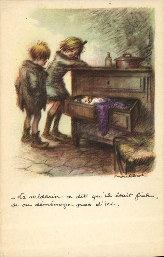 Zwei Kinder, die ein Kind in einem Koffer beobachten — Illustration von N. Nillbet — Nationale Liga gegen Slums - Vorderseite