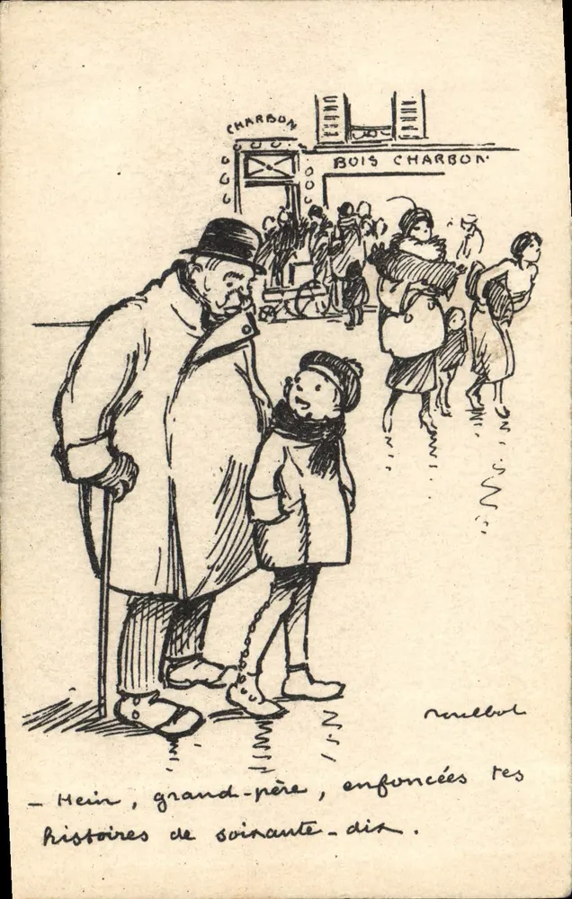Großvater und Enkel vor einem Kohleshop — Zeichnung von M. Mellebot — Verlag Poulbot, Nr. 56 - Vorderseite