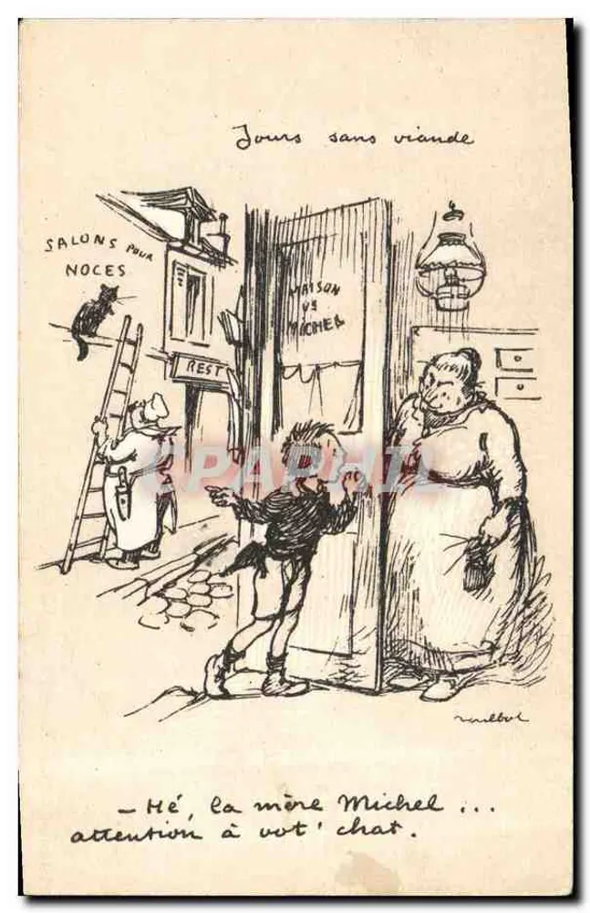Fleischlose Tage — Humoristisches Motiv mit einer Frau, einem Kind und einer Katze — Poulbot n°74 - Vorderseite