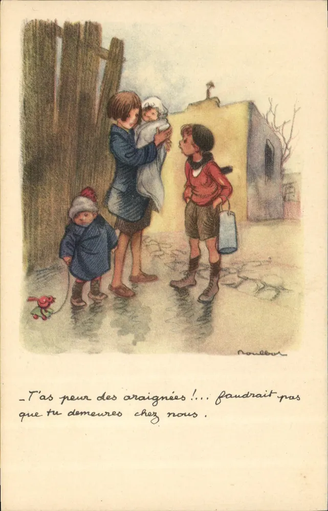 Kinder und Spinnen — humoristische Illustration — N. N. (Verlag nicht sichtbar) - Vorderseite