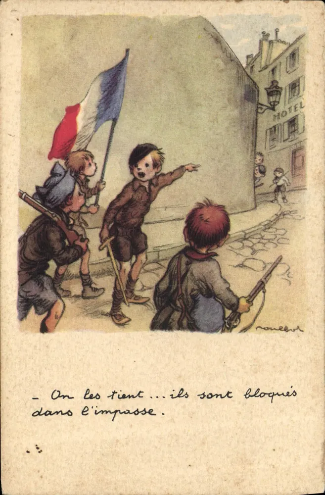 Kinder-Soldaten mit französischer Flagge — Straßenszene — Verlag Rouleb, Nr. III - Vorderseite