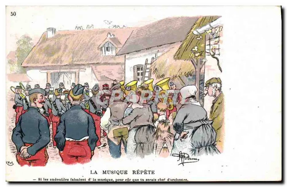 Die Musikprobe — Karikatur von Musikern in Andouille-Kostümen — Verlag L. Vautier, n° 50 - Vorderseite