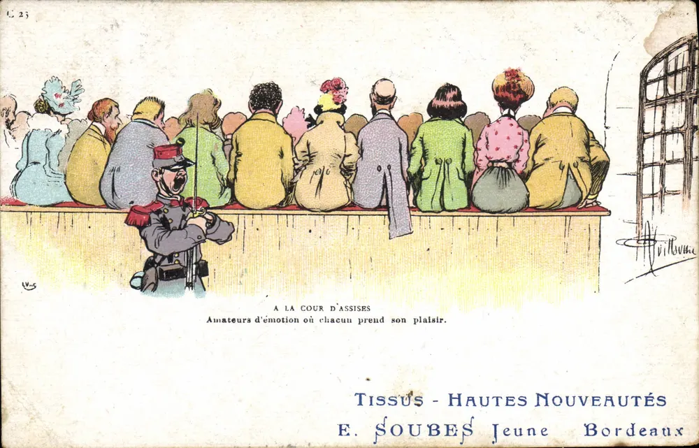 Corte de assises — Amantes da emoção onde cada um toma seu prazer — Tecidos - Altas Novidades, E. Soubes, Jeune, Bordeaux - Frente