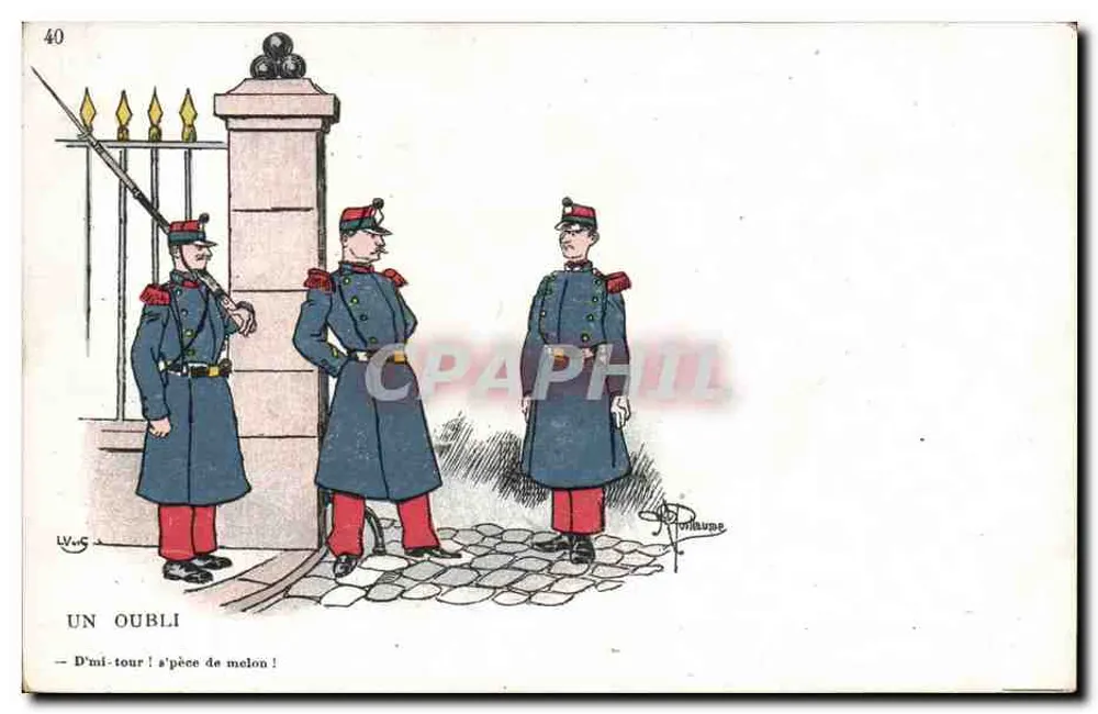 Três soldados em uniforme azul — caricatura — L.V.-C. e P. Laube, n°40 - Frente
