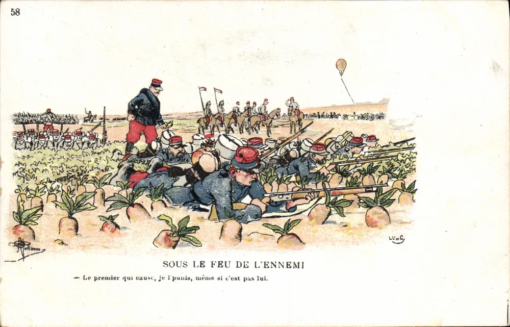 Sob o fogo do inimigo — caricatura militar — editor L. VaC, n°58 - Frente
