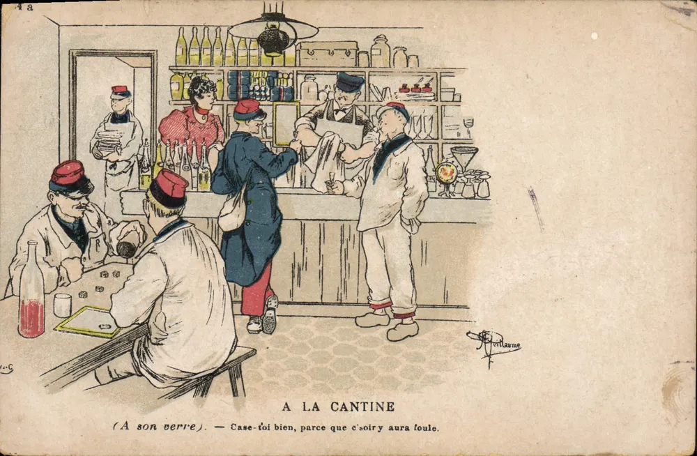 Cantine — scène de bar avec soldats — éditeur P. Villaume, n° 4.a - Frente