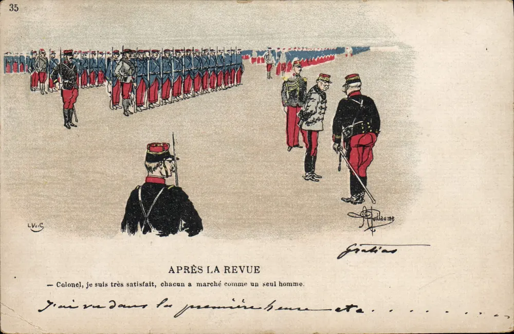 Après la revue — scène militaire — Grubias, n°35 - Frente