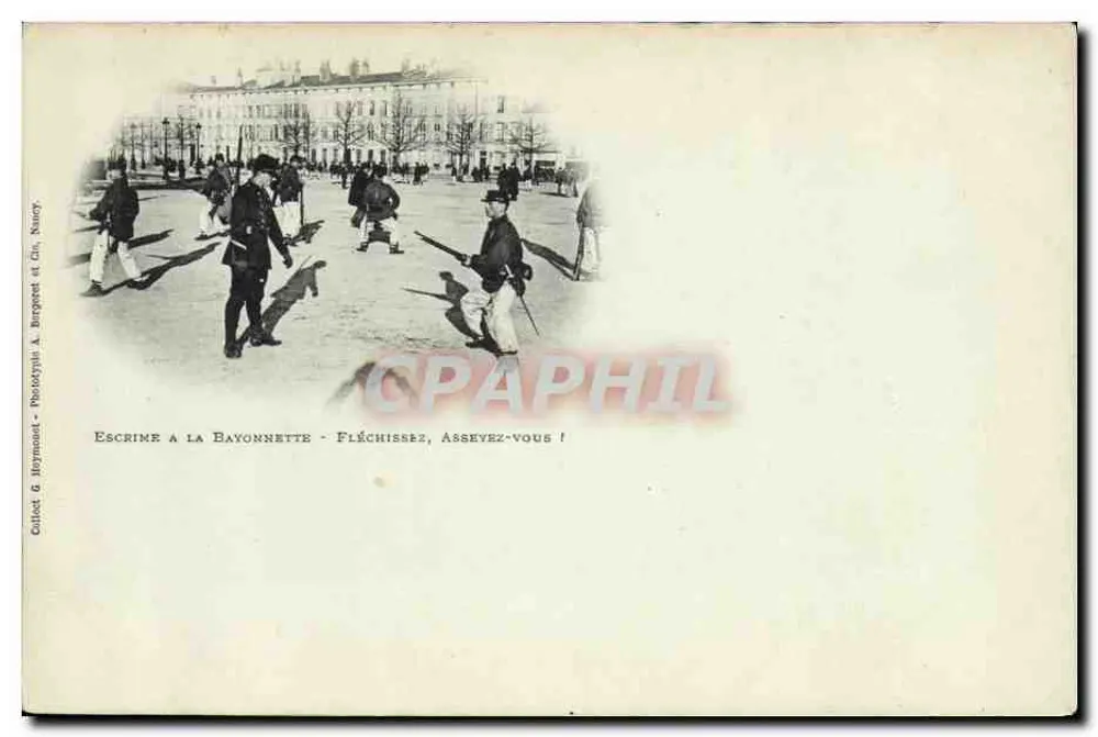 Escrime à la bayonnette - Fléchissez, asseyez-vous ! — Coleção G. Heyrnoult - Fototipia A. Bropert & Cie, Nancy - Frente