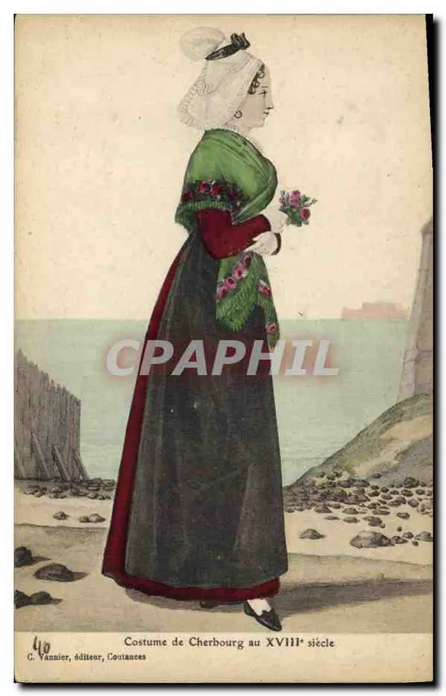Costume de Cherbourg au XVIIIe siècle — femme en costume traditionnel tenant un bouquet — éditeur C. Vannier, Coutances, n°40 - Frente