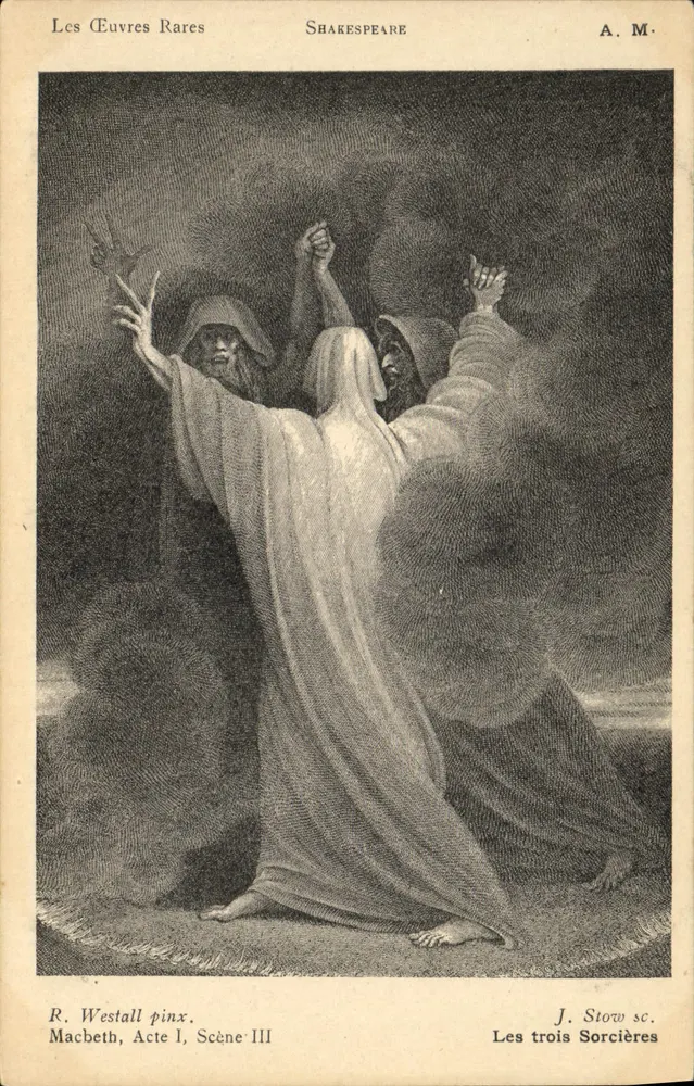 Trzy czarownice — Macbeth, Akt I, Scena III — R. Westall pinx. J. Stow sc. A.M. - Awers