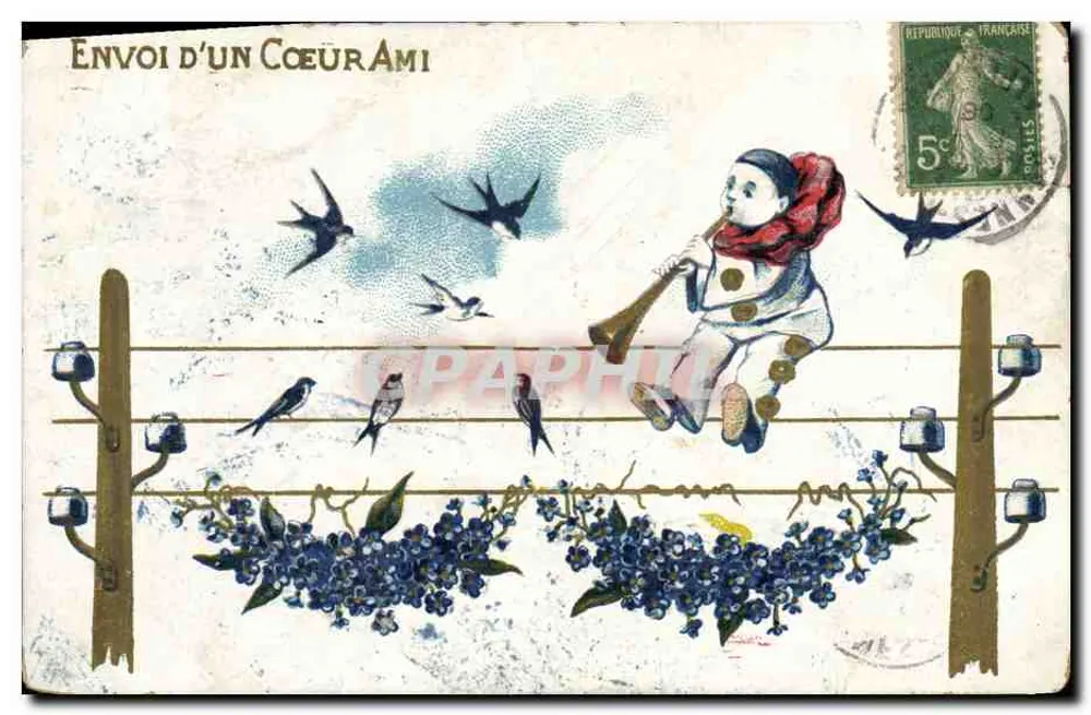 Envoi d'un Cœur Ami — enfant jouant de la trompette sur un fil de fer avec des oiseaux — éditeur : Union postale universelle - Frente