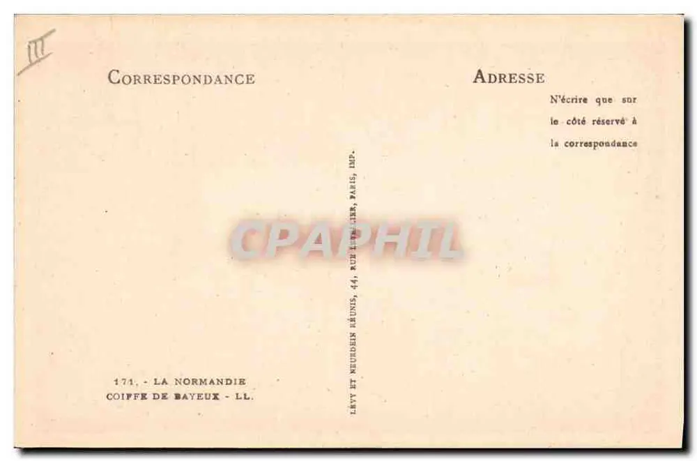 Mulher com coifa de Bayeux — Editor Lévy e Neurdein, Paris — N° 174 - Verso