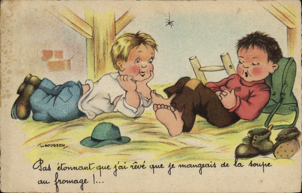Zwei Kinder in einer Scheune — Illustration von W. Gougeon — Verlag R. Hamel, Paris - Vorderseite